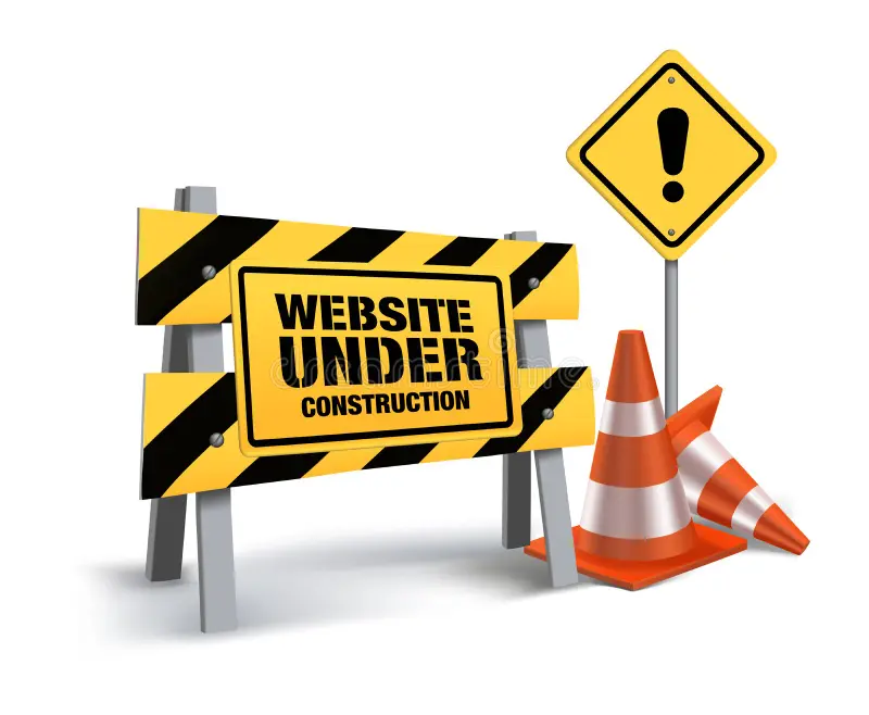 On the left there's a metal a-frame sign on with two yellow and black striped bars bolted to the top and bottom of it with a road sign-ish label at the middle the bars that says website under contruction. And on the right a yellow road sign with an exclamation mark on it with two traffic cones infront of it, one standing up and one haven fallen over.